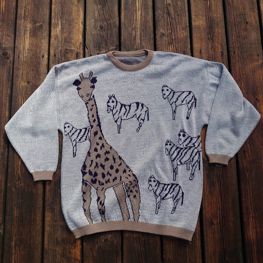 Handmade Vintage Ugly Sweater Giraffe & Zebra Safari Medium Wide Kitsch Grey